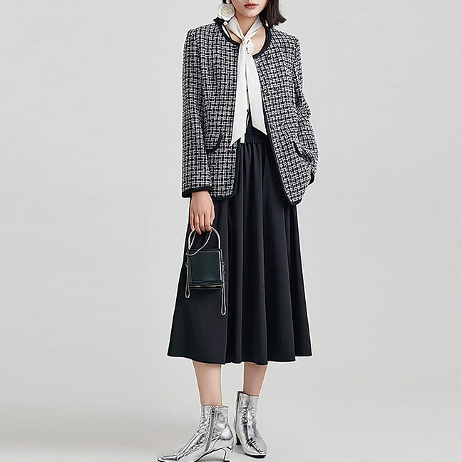 F798-【木】小香香格纹圆领宽松休闲短外套#YMX55W027