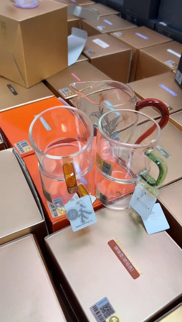 手绘公杯/百年好合（琥珀色）+清禾对杯2对，湖绿+琥珀