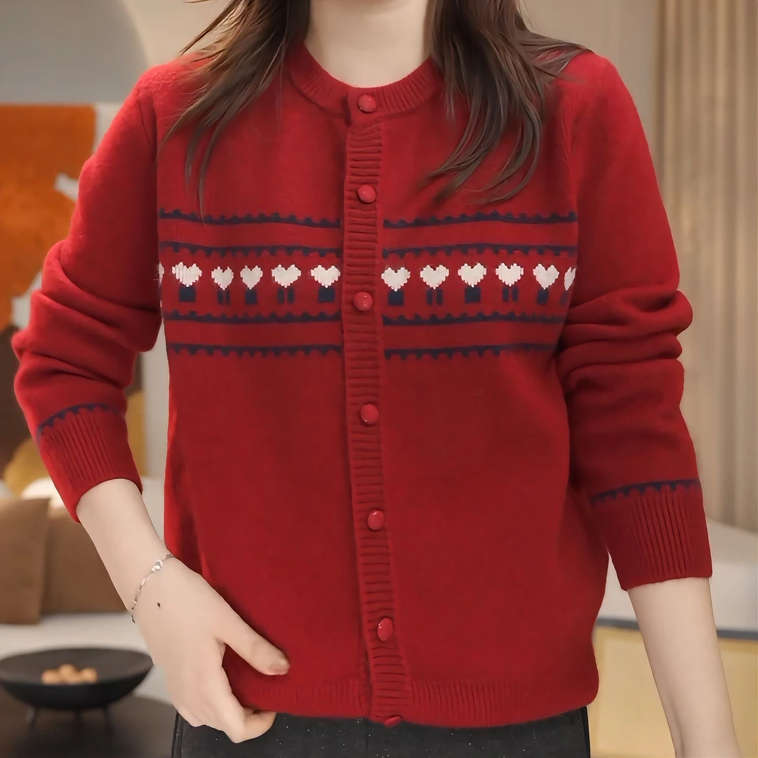 2025秋冬新款爱心提花圆领休闲保暖显瘦针织衫洋气长袖LK2501131
