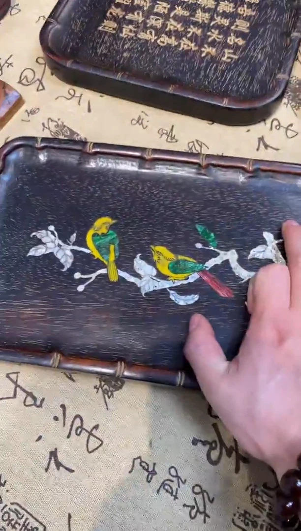 檀香紫檀（小叶紫檀）小叶紫檀长茶盘镶嵌鸟