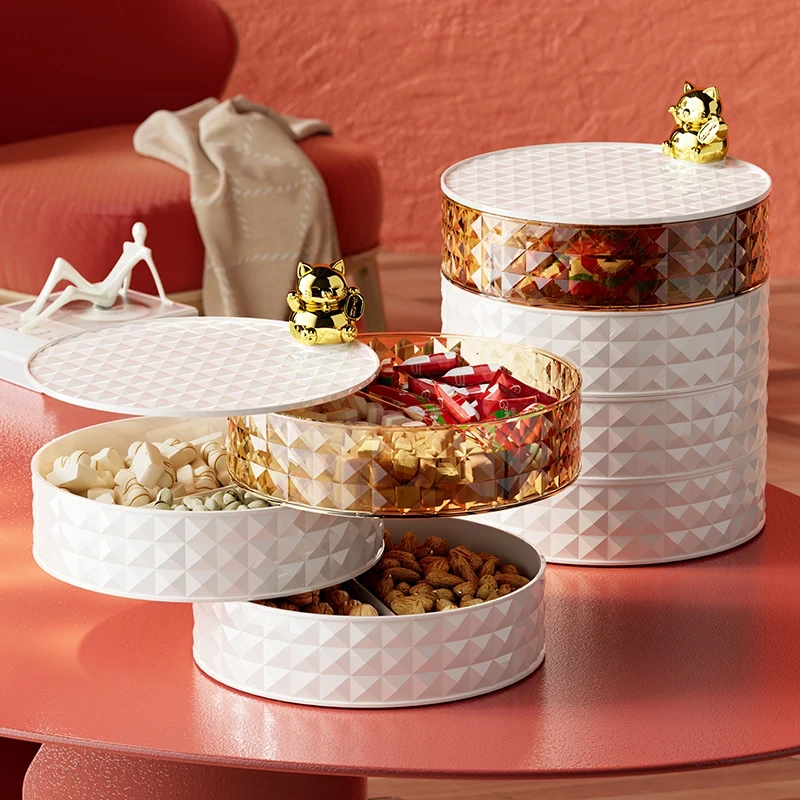 网红轻奢多层旋转果盒家用分格干果盒零食果盘客厅带盖收纳盒R916