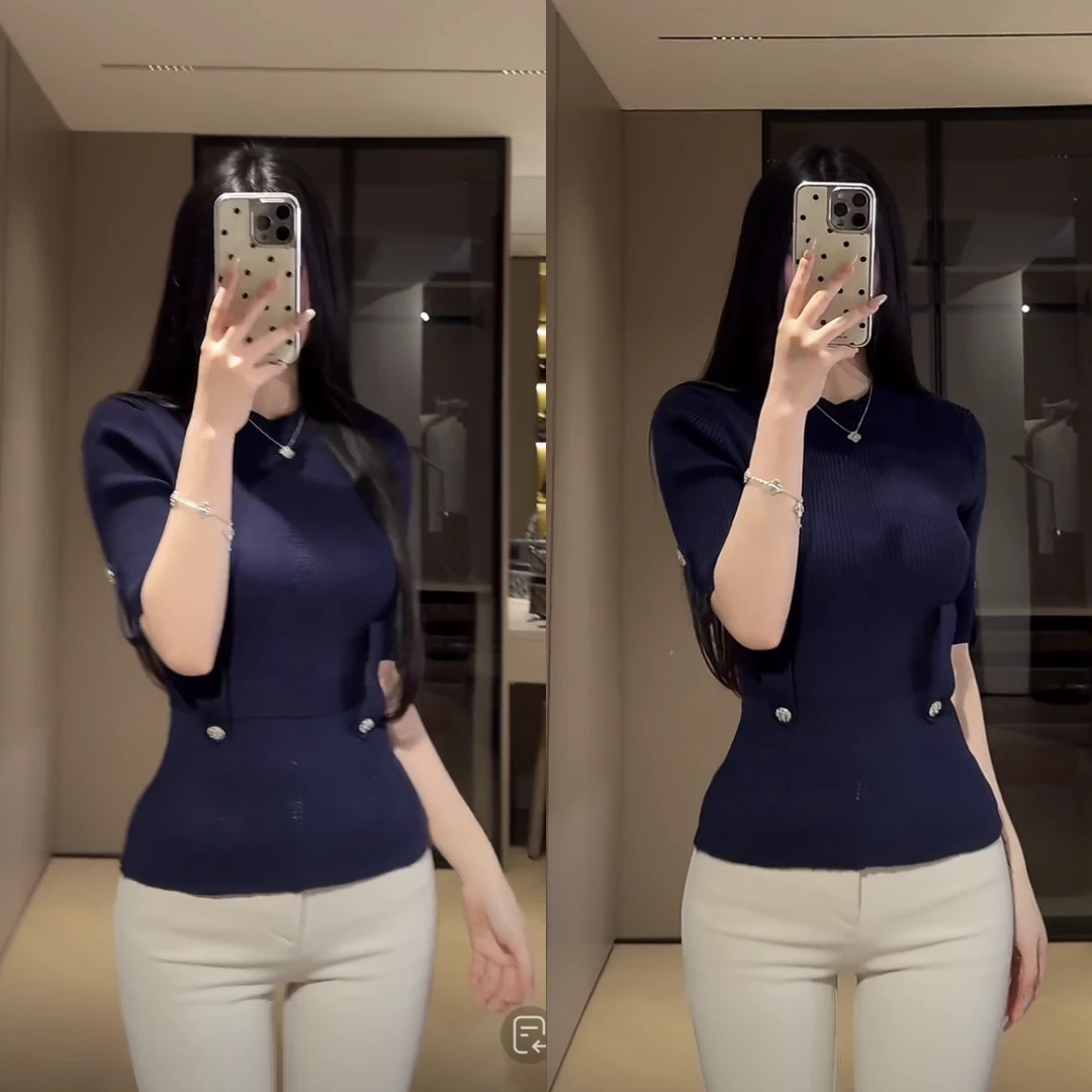 春夏新小香钻扣系带显瘦针织上衣慵懒风提花设计半袖打底针织衫女