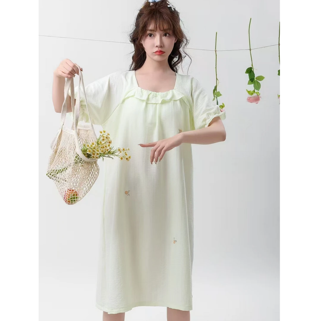 跳跳鱼童装2025新款刺绣云朵棉睡裙女薄款公主风日系家居服279251