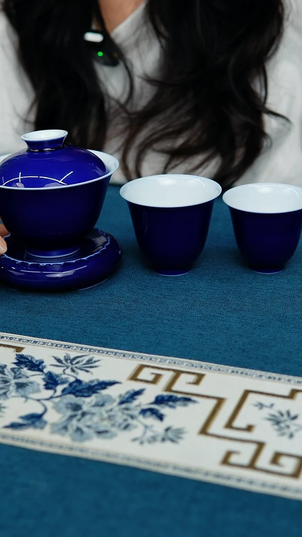 【闪购商品】宝石蓝盖碗  花神杯 莲花底托