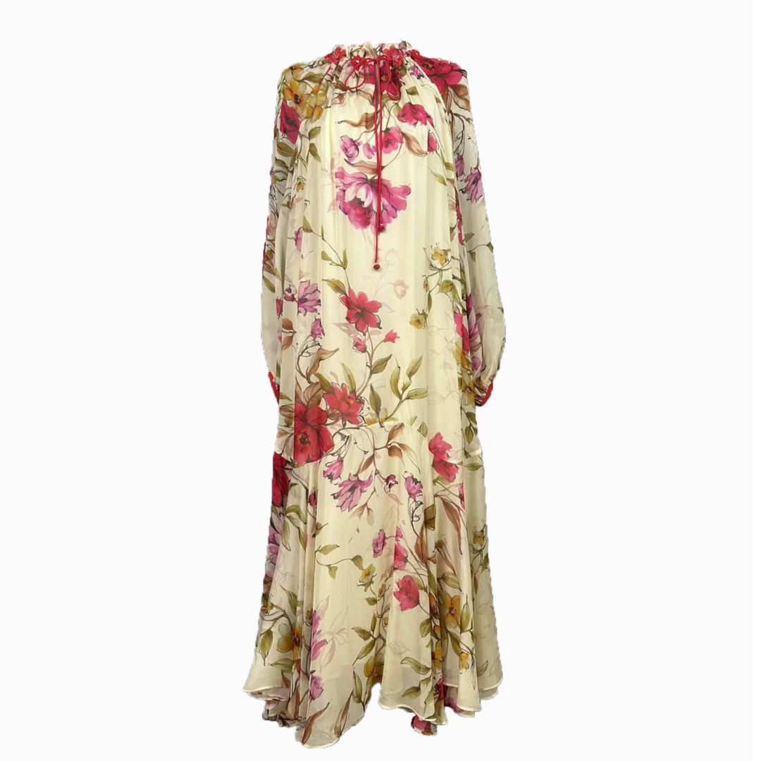 （夏季）桑蚕丝V领夏季连衣裙黄色女士时尚优雅显瘦长裙休闲女装