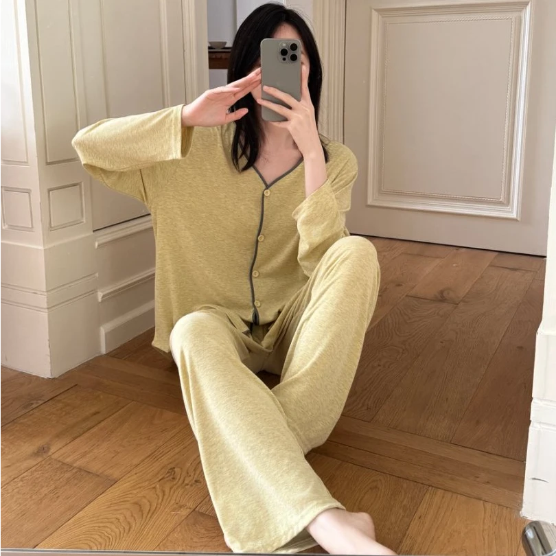 慵懒风睡衣女春秋季新款网红长袖排扣纯色宽松家居服套装可外穿
