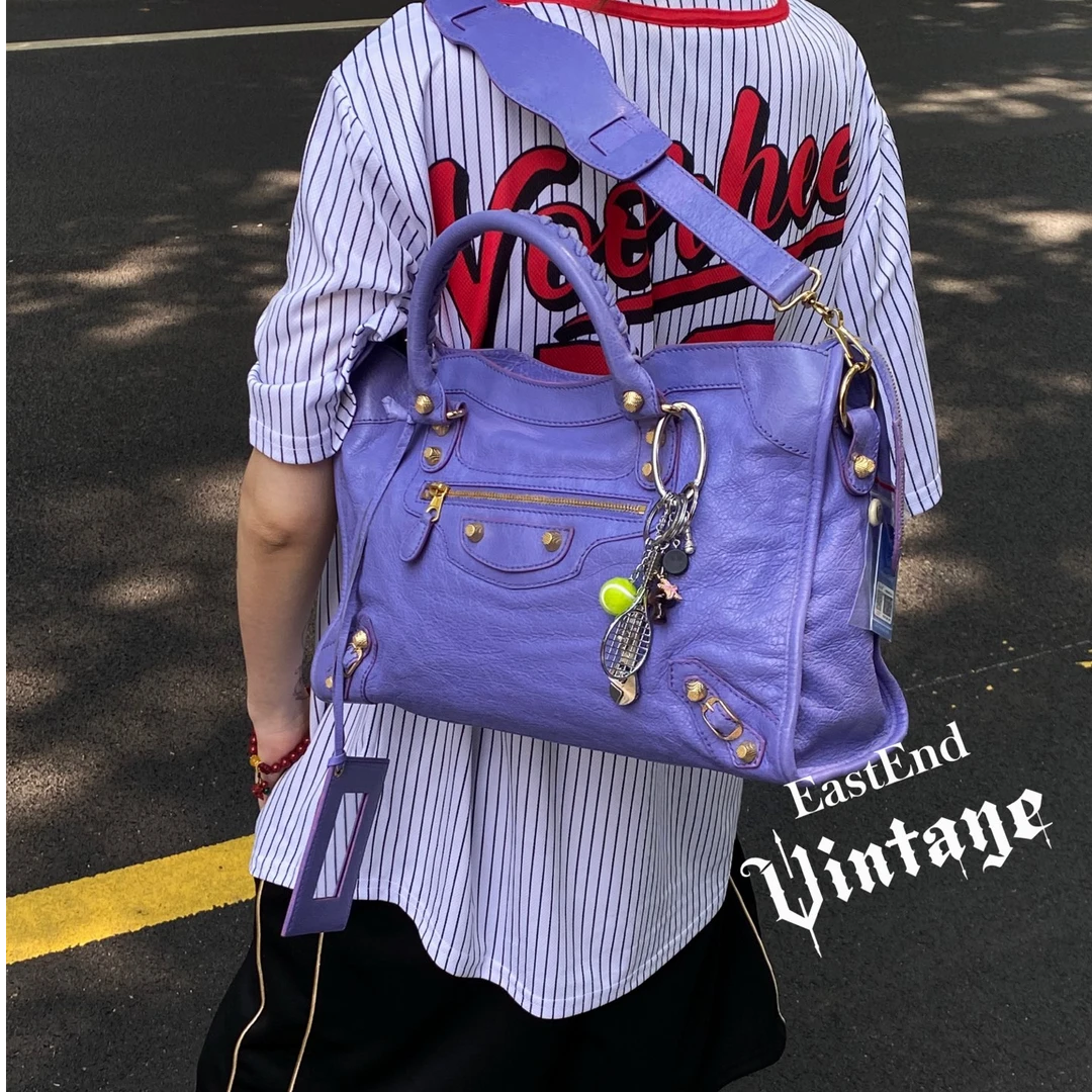 95新 Prada/普拉达 東区-香芋紫金色菠萝扣机车包中号/89337