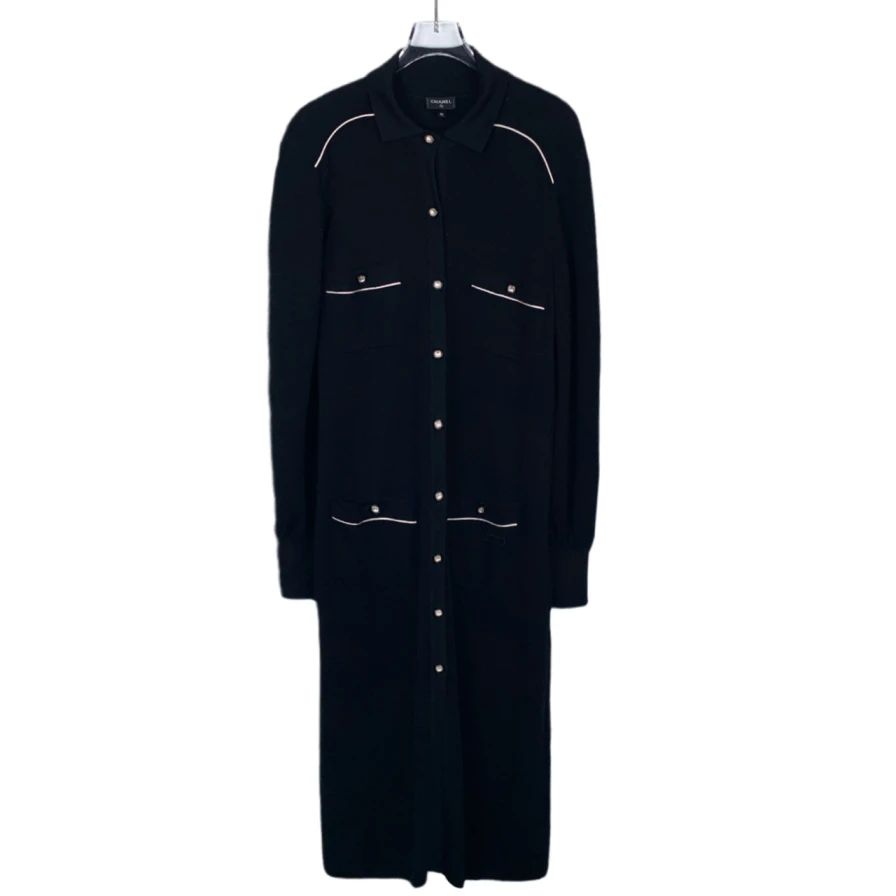 99新 Chanel/香奈儿 017211字母黑色翻领绵羊毛针织长袖连衣裙