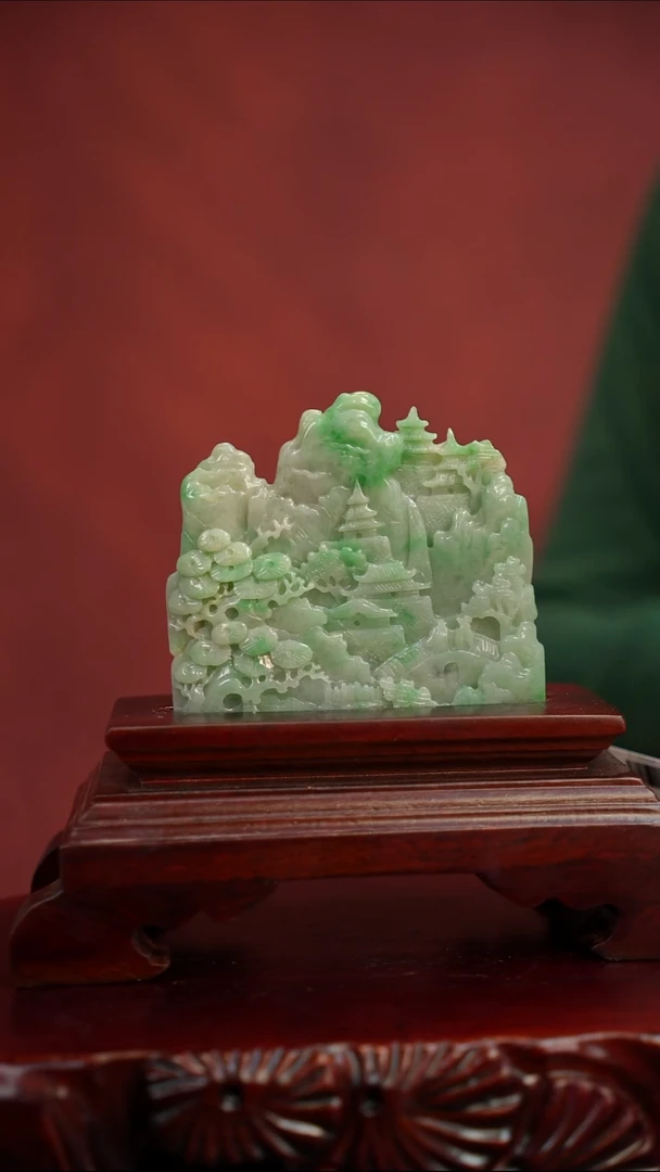 未镶嵌摆件翡翠满绿底山水双面雕