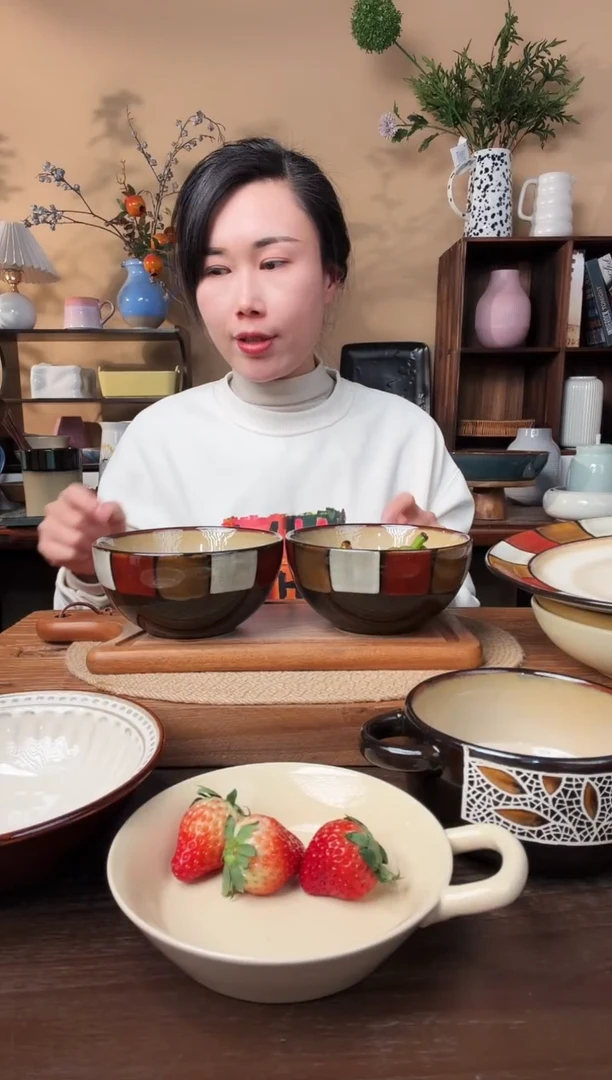 6.2英寸窑变格子碗2只微瑕