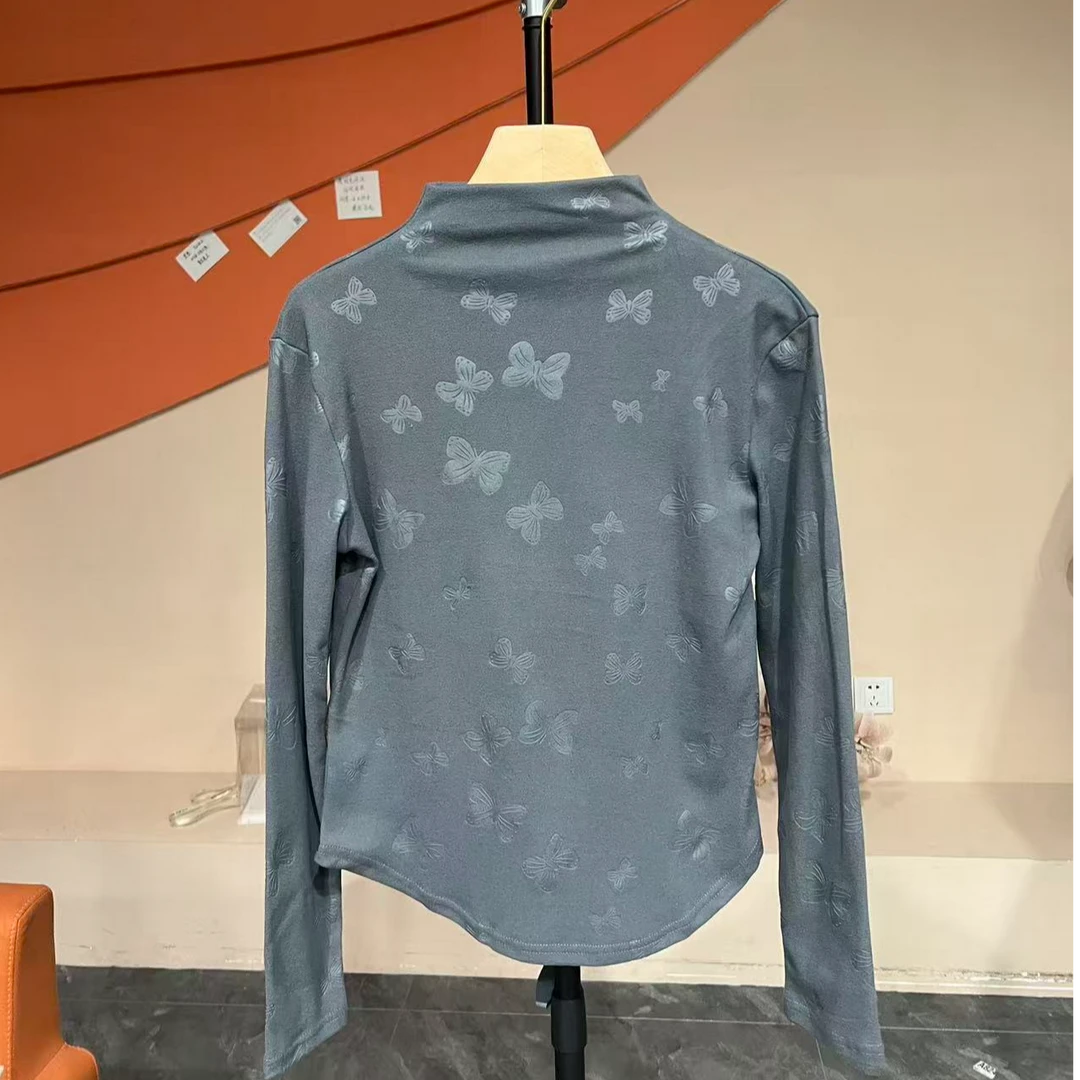 2025秋冬新款时尚半高领打底衫蝴蝶长袖T恤显瘦女士上衣04长52