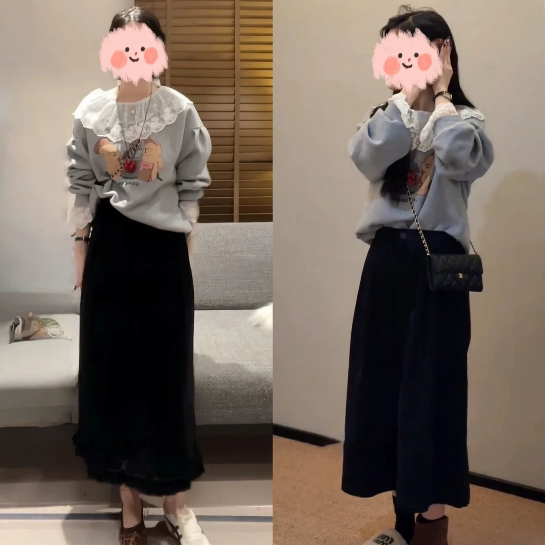 秋日巨好看的两件套韩系百搭蕾丝拼接卡通印花卫衣直筒休闲裤套装