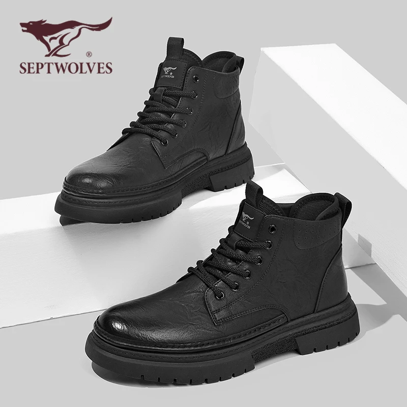 七匹狼2025秋冬新款高帮保暖靴子黑色复古休闲男士英伦风马丁靴