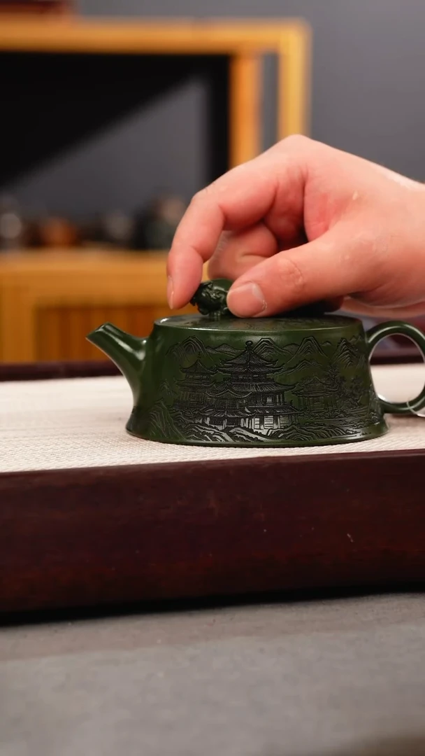 茶壶紫砂绿泥  虎钮柱础 刻绘