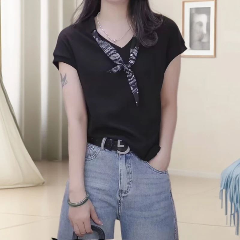【小妹轻奢女装】透气抗皱V领飞袖T恤夏季印花江南风赫本风短袖1838