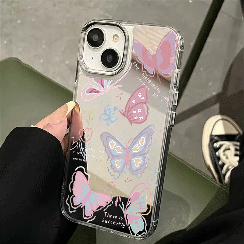满屏蝴蝶适用苹果xr镜面手机壳iphone15promax少女14镜子13外壳16