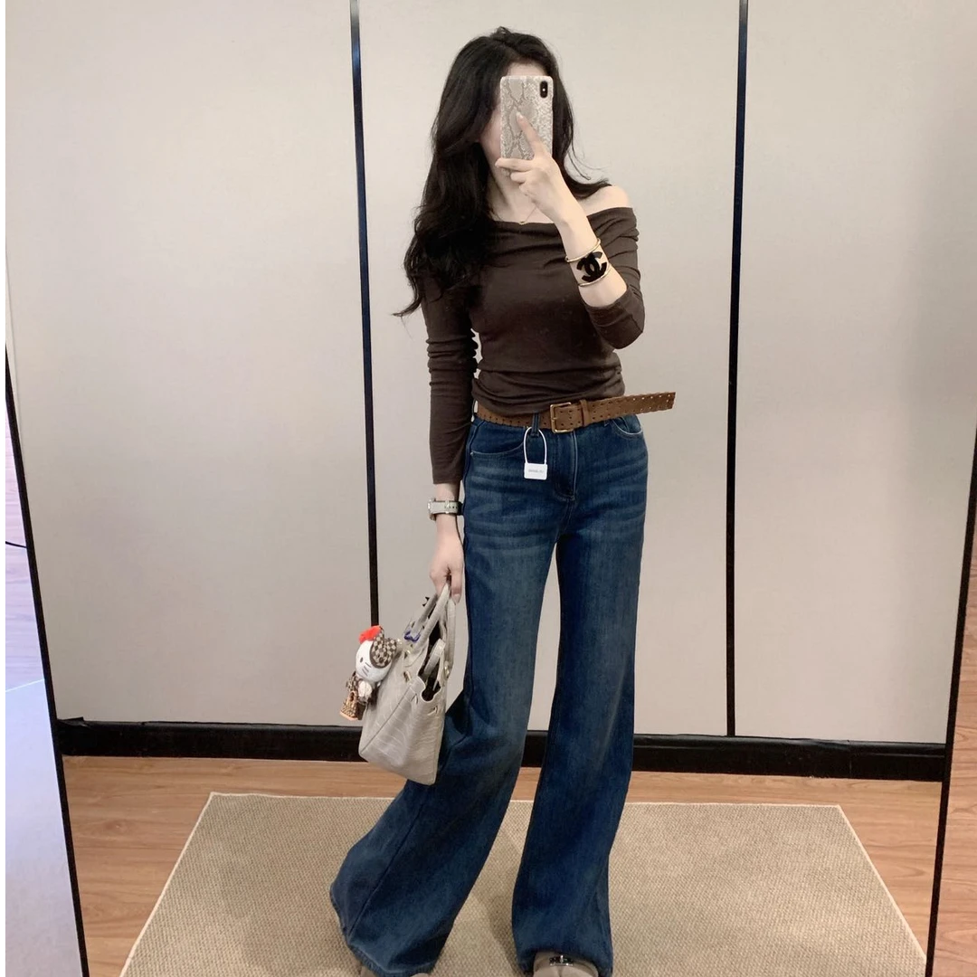 简约气质斜肩修身外穿上衣宽松洋气休闲百搭阔腿长裤时尚两件套女