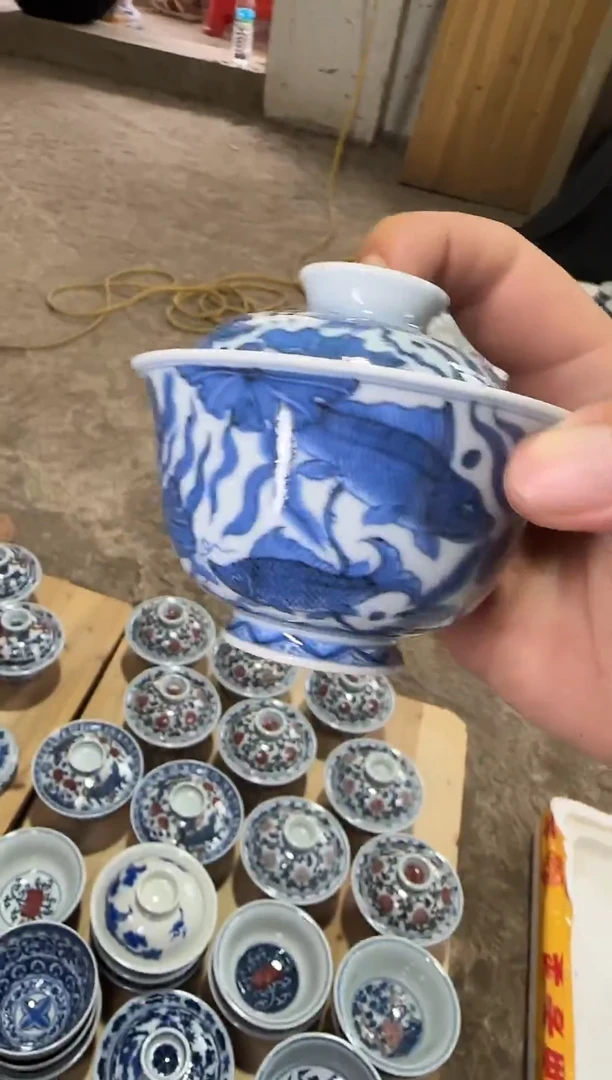 【不晓堂】微瑕-柴窑青花鱼藻盖碗-淡色