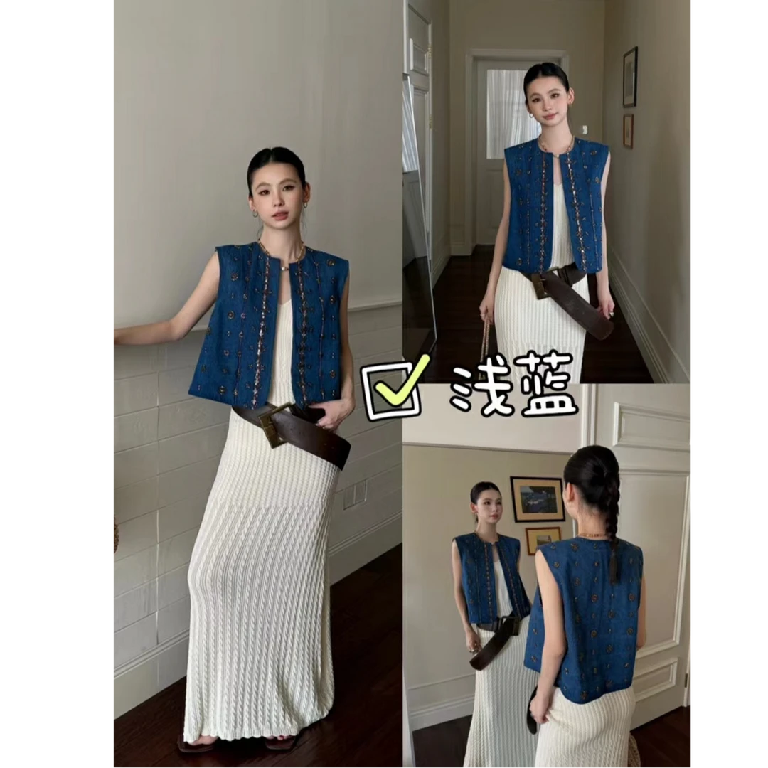 62605复古重工珠绣牛仔马甲夏款短外套