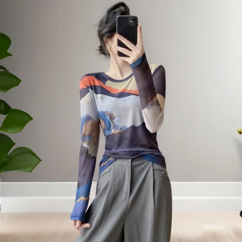 百搭外出温婉大方衣服女春秋正版网纱上衣独特漂亮小衫洋气打底衫