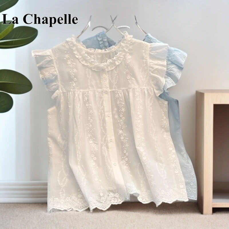 拉夏贝尔2025新款法式白色小飞袖衬衫女设计感甜美无袖娃娃衫上衣