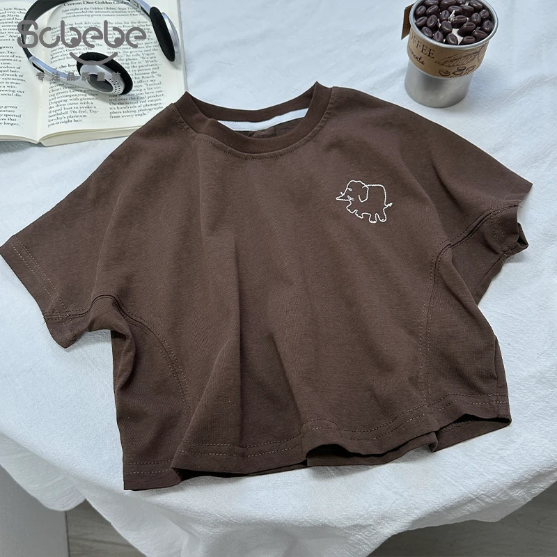 SCBEBE儿童短袖欧若风2025夏季新款百搭白线条大象短袖T恤AX864