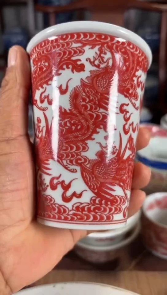 柴窑釉里红九凤可乐杯杯