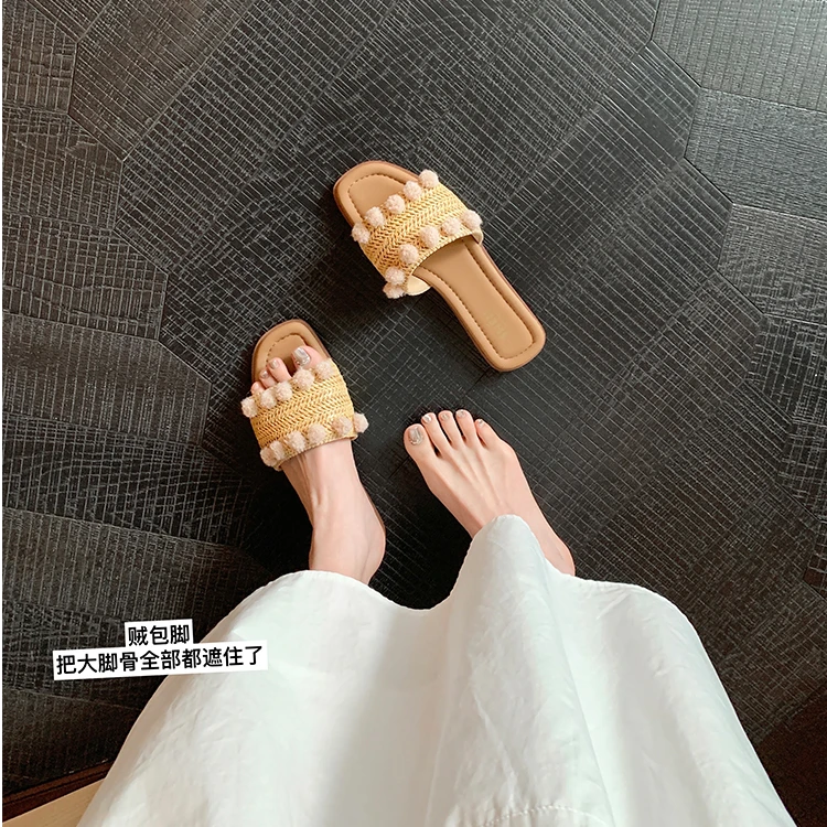 【sheii苏茵茵】编织小毛球~编织沙滩度假平底拖鞋女凉拖夏E5215038