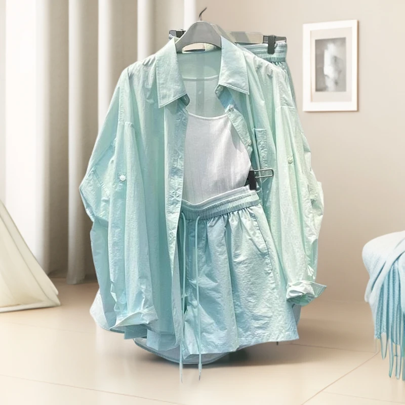 原创自制时尚套装女夏季款中长款外穿搭防晒外套休闲短裤两件套装