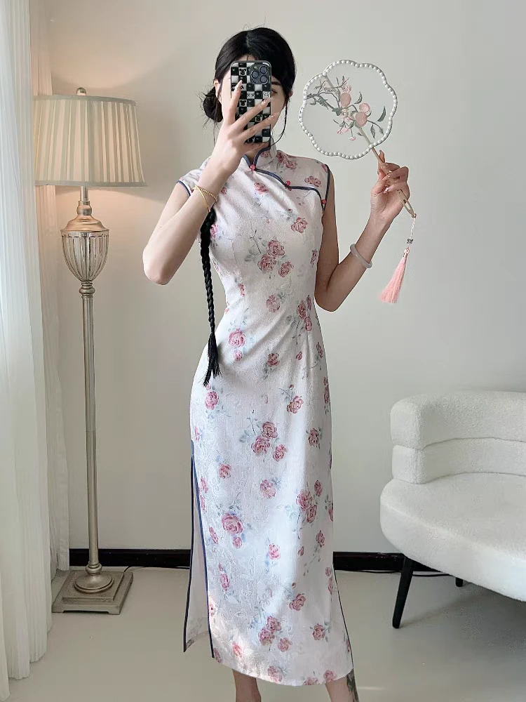 （嫣然）120长双层清新透气轻薄后拉链旗袍复古文艺显瘦少女气质