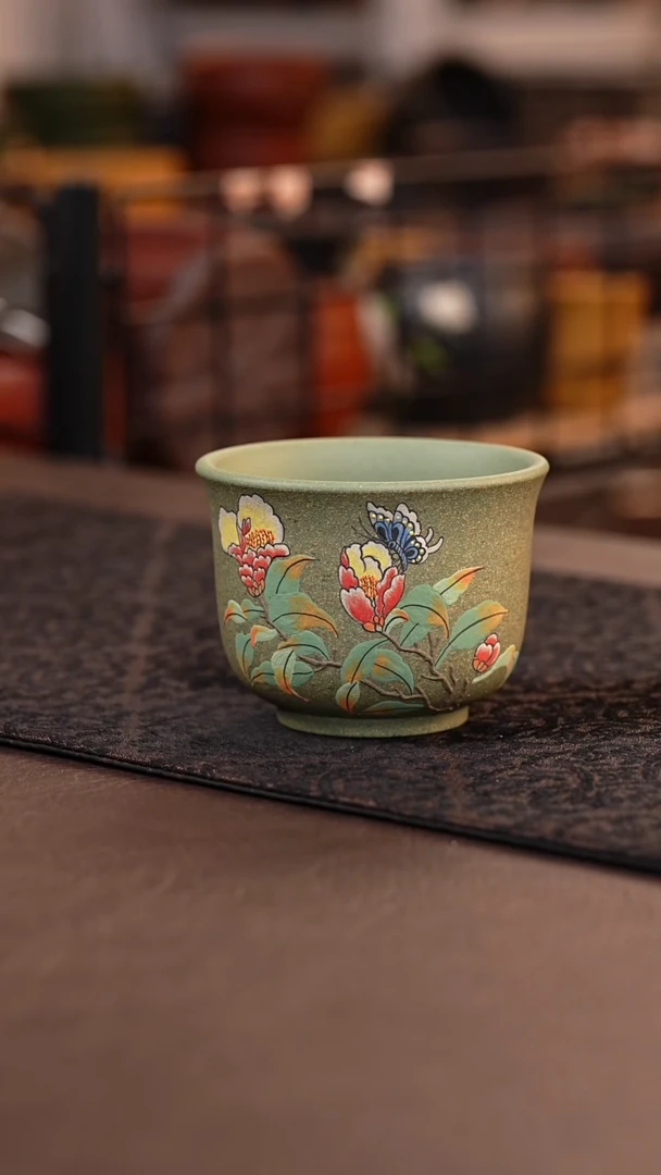 茶杯紫砂新品豆青砂芍药花