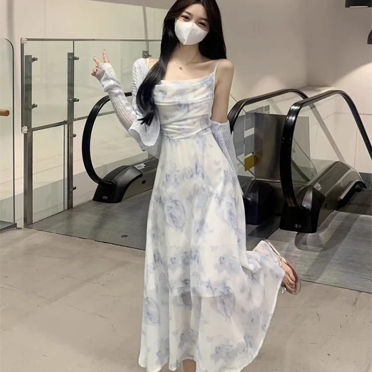 法式雪纺碎花吊带连衣裙套装夏季小香风针织开衫外套两件套女裙子