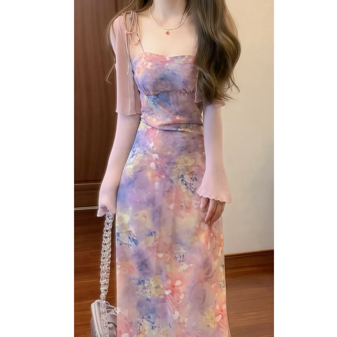 法式温柔甜美油画印花吊带连衣裙海边度假长裙配防晒针织开衫