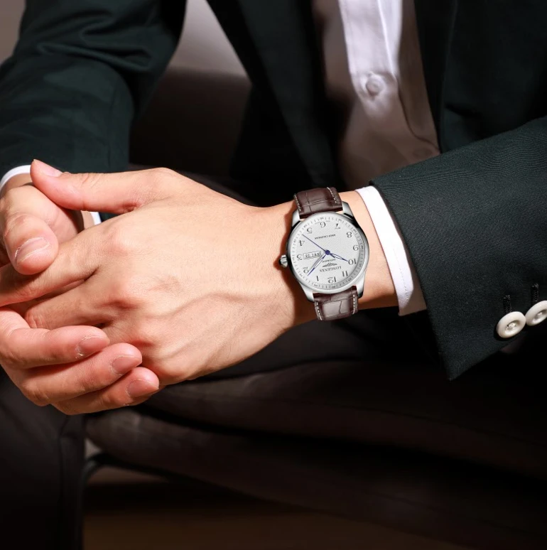 经典男士双日历夜光全自动男士机械腕表大表盘防水皮带男表送人