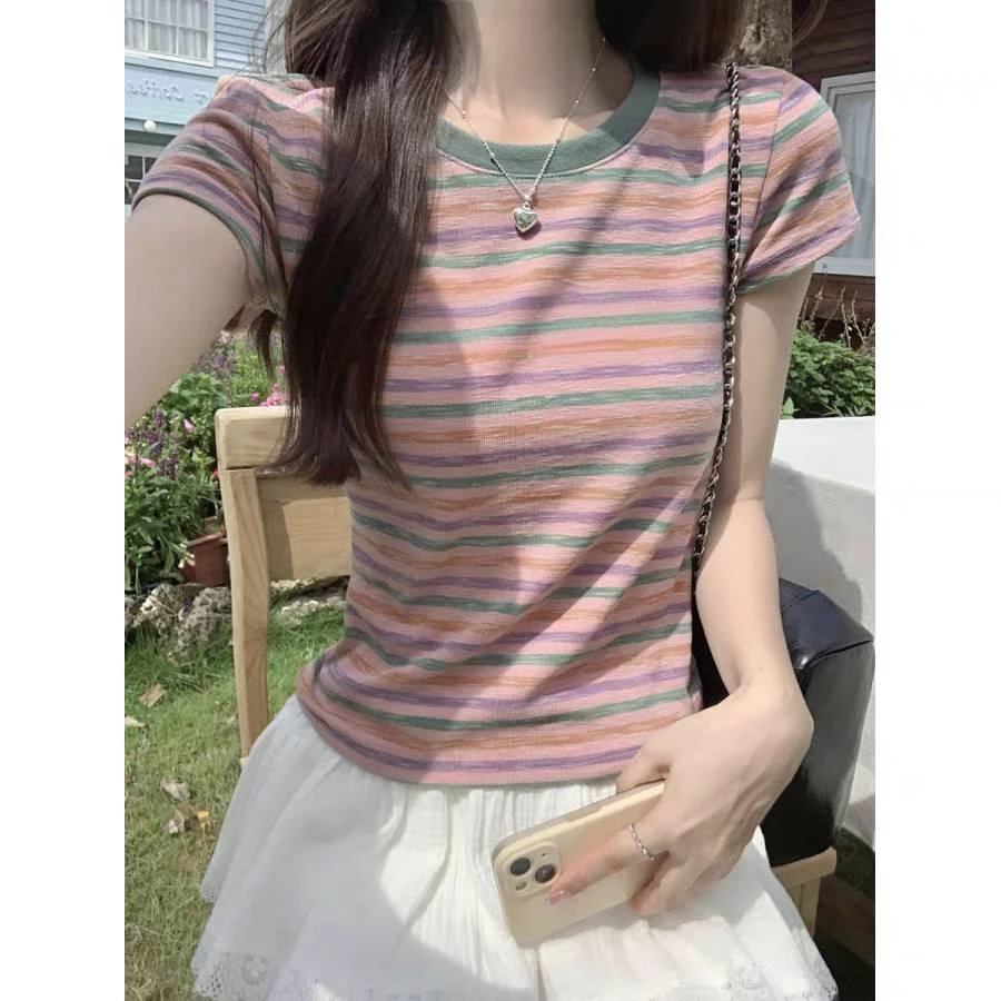 彩虹条纹正肩短袖T恤女夏季美式撞色圆领小个子短款甜辣上衣