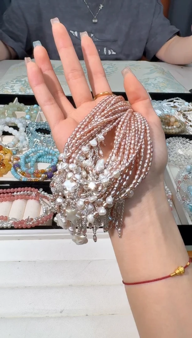 【闪购商品】淡水珍珠颈饰银S925镶嵌A012香槟金珍珠巴洛克星星项链