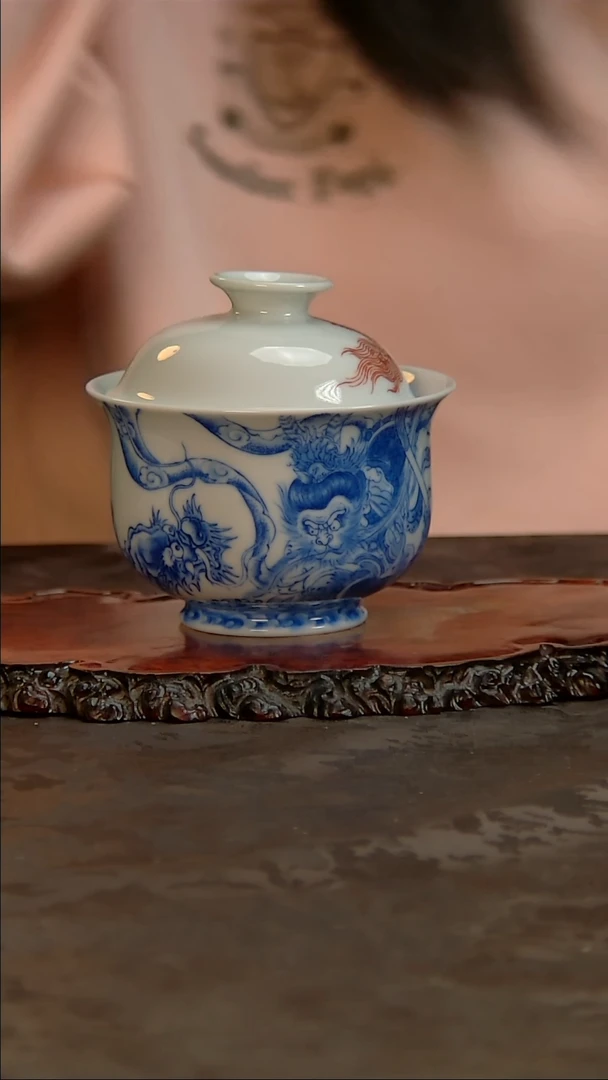 【闪购商品】【含月阁】青花手绘孙悟空闹海盖碗