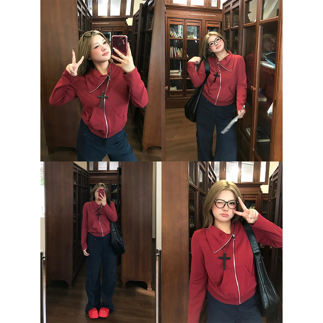 清清-不规则斜门襟翻领卫衣女新款微胖大码小众外套A243W0006