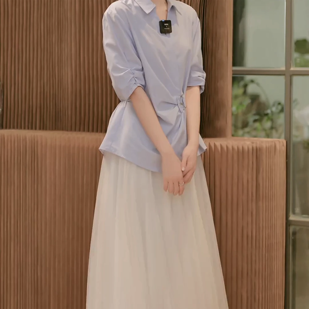 2025春夏新款套装女不规则V领长袖衬衫+纱裙半身裙两件套