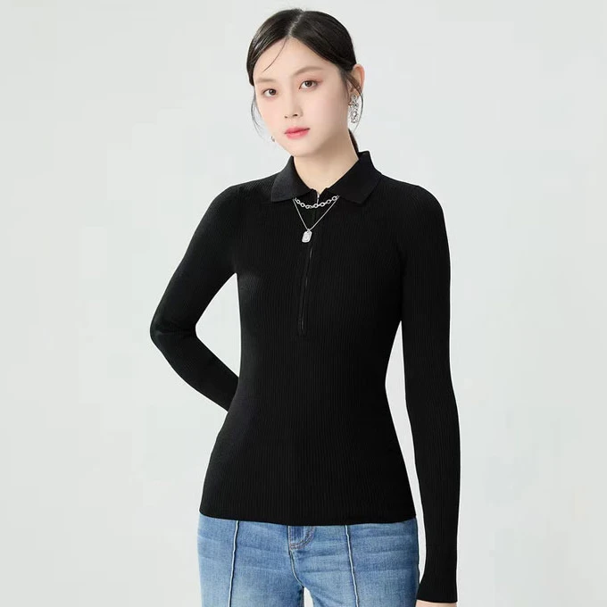 职业阿玛诗官哥家专柜2025春秋季新款Polo领修身显瘦针织衫女款弹
