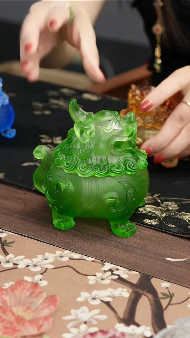 琉璃手工艺品绿色狻猊香炉中号