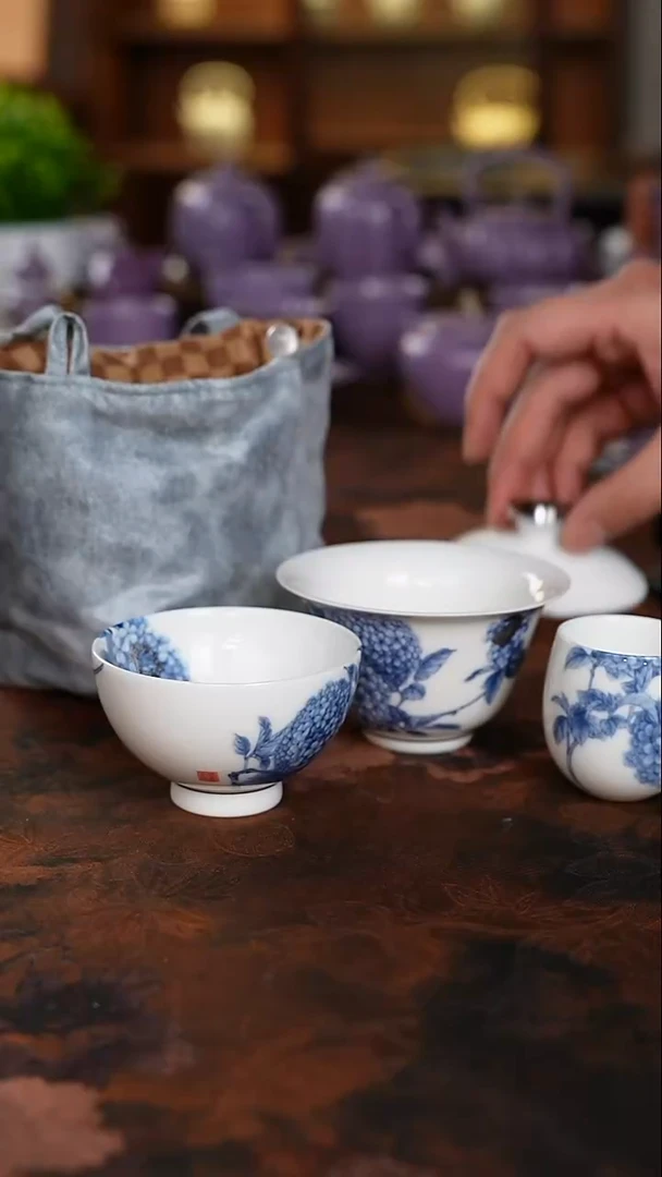 渡景山房蓝绣球二才盖碗旅行茶具208