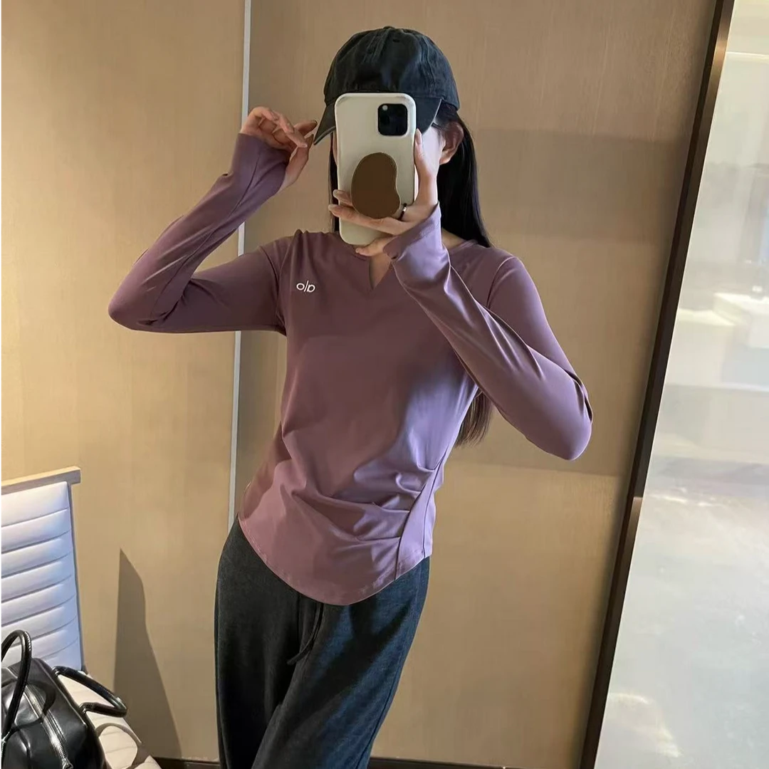 alo_athletica新款秋季V领褶皱运动上衣百搭修身显瘦长袖打底T恤