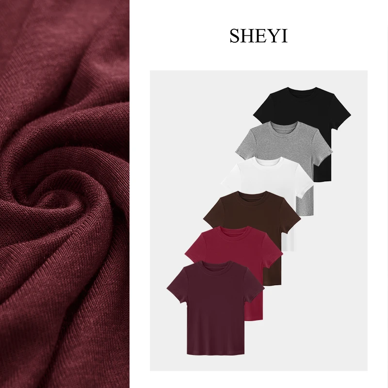 灰色正肩短袖t恤女款2025新款爆款修身显瘦半袖夏天穿搭洋气上衣