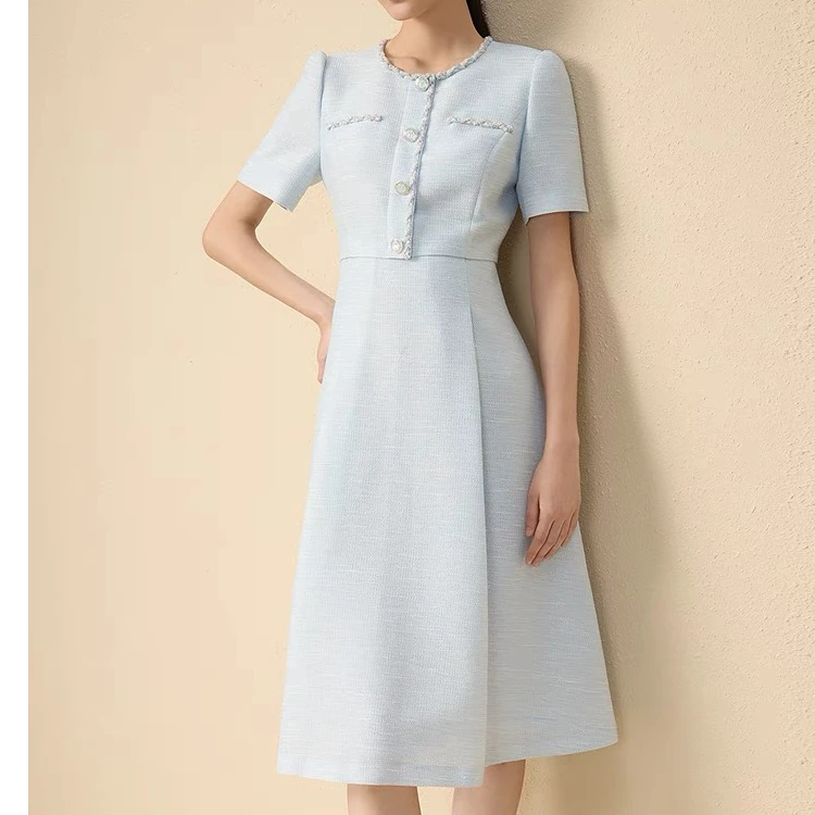 2025飞秒小香风显瘦蓝色复古法式收腰连衣裙
