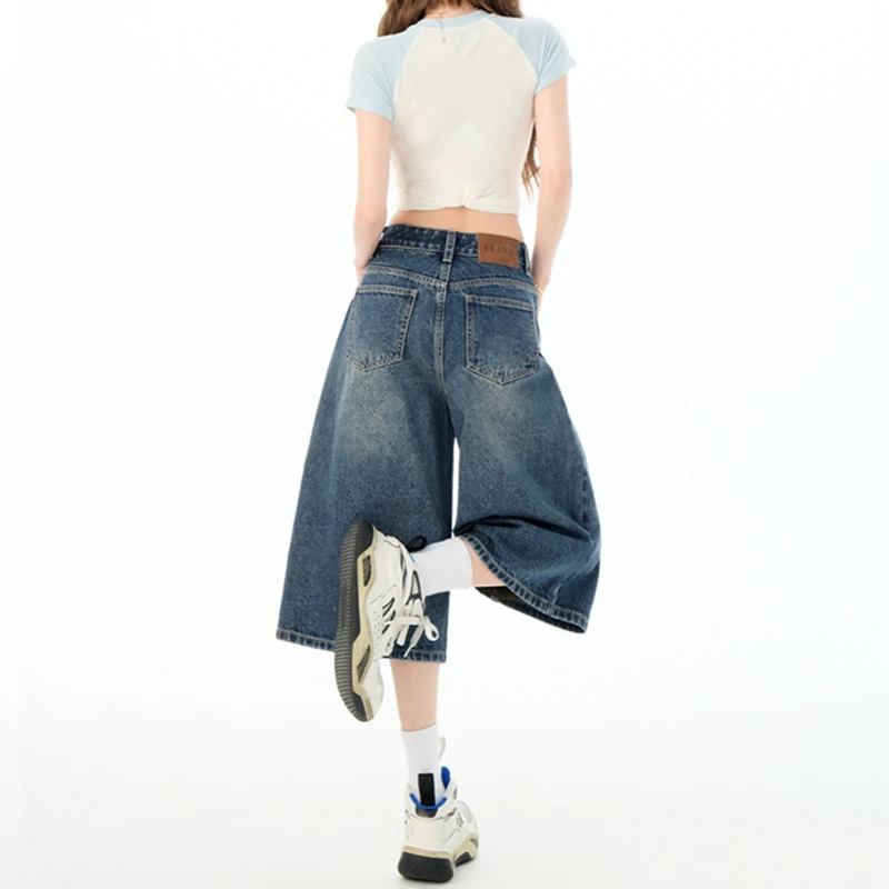 美式复古宽松七分阔腿牛仔短裤女夏季薄款高腰显瘦小个子直筒中裤