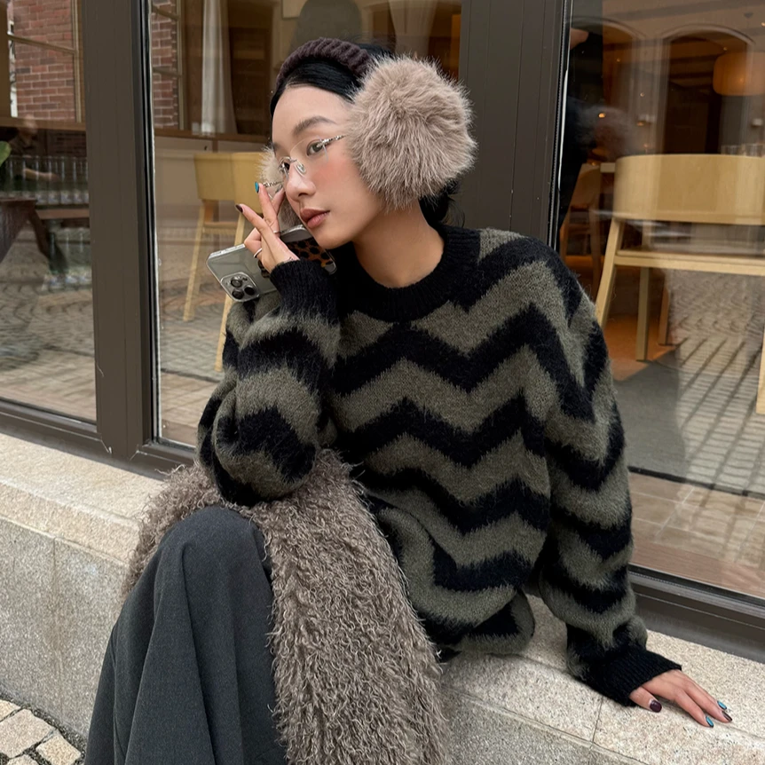 【清】逸语IN choose u笑笑家2025冬季条纹羊毛毛衣加厚针织衫85753