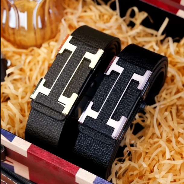 合金H扣十字纹扣头男士真牛皮高端自动扣腰带商务时尚百搭轻奢款