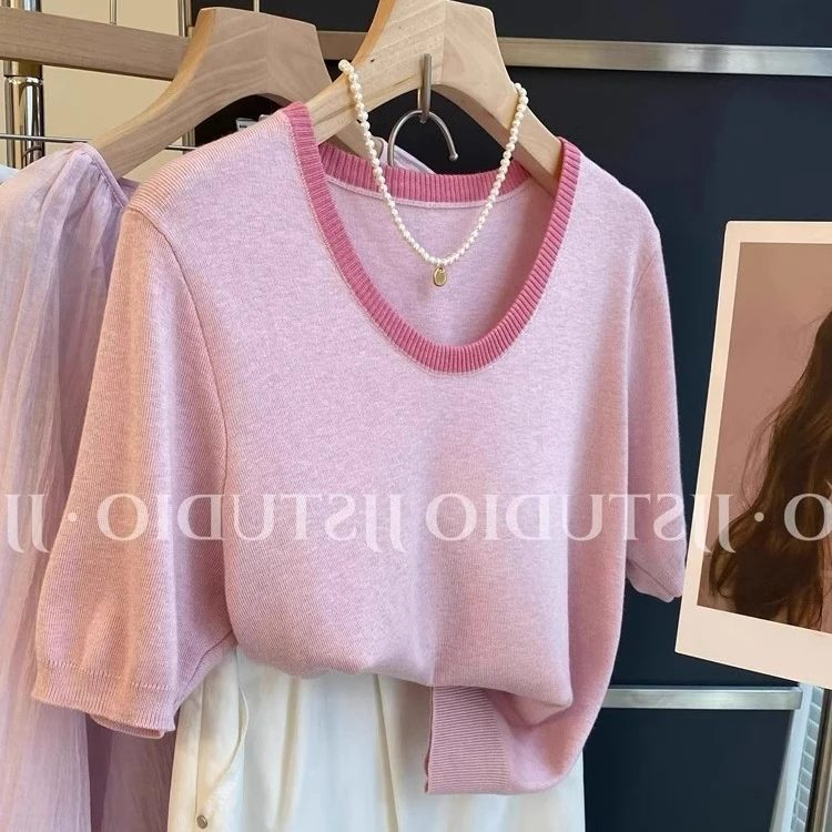 大码女装200斤正肩短袖t恤夏季薄款冰丝针织衫设计感撞色别致上衣