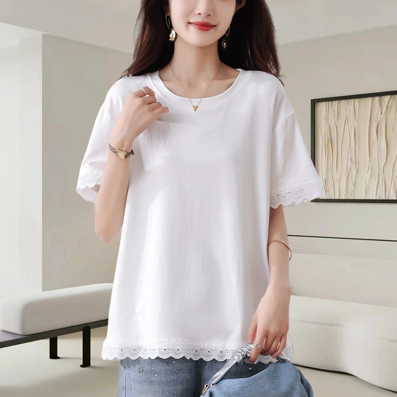 白色圆领短袖t恤女夏季2025新款时尚减龄宽松遮肉高级设计感上衣